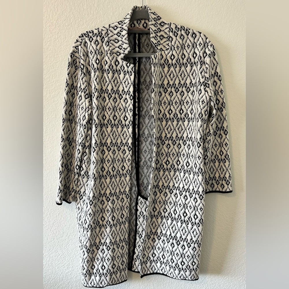 Philosophy Boho Festival‎ Diamond Jacquard Open Front Cardigan Duster Black M